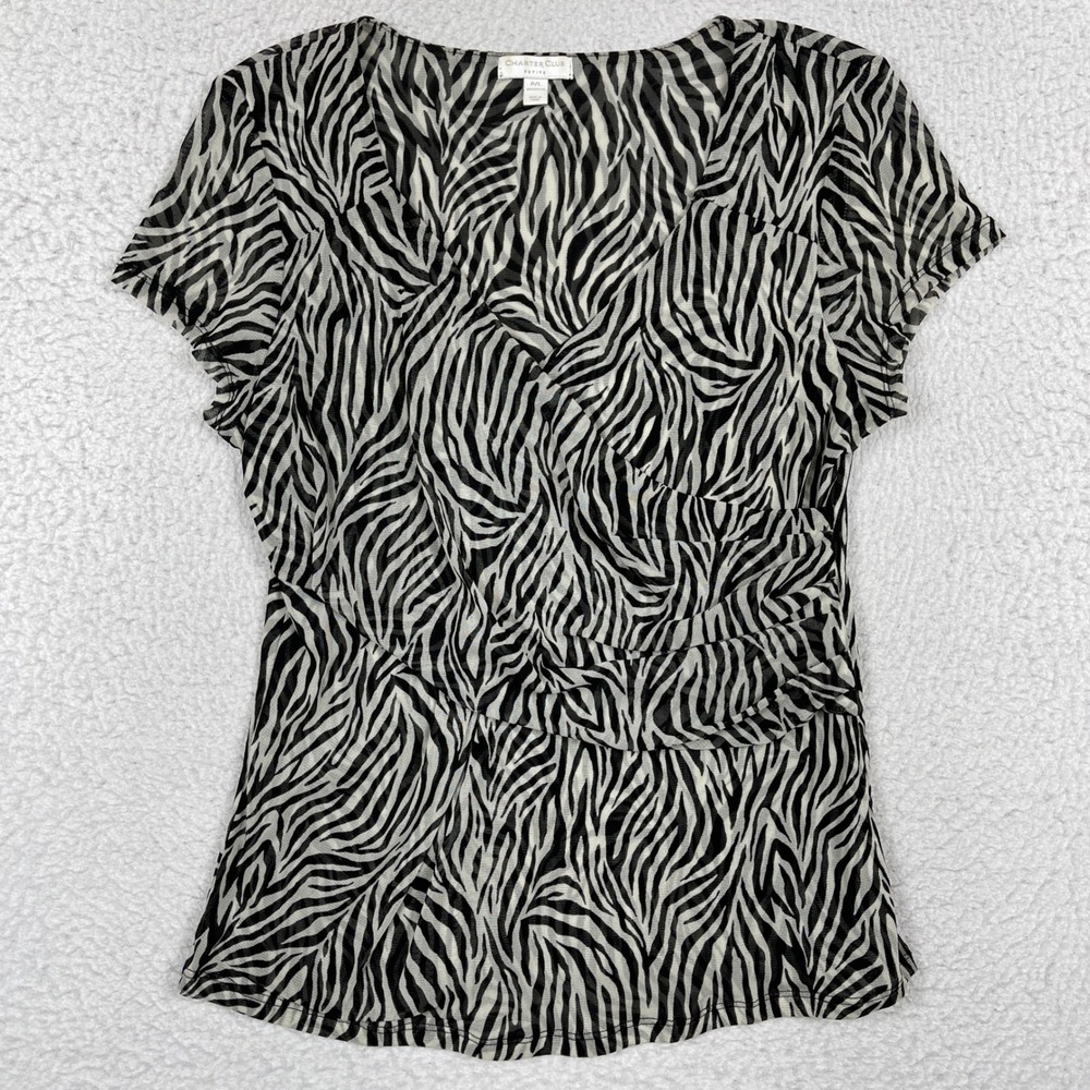 Charter‎ Club Faux Wrap Top Womens PL Petite Large Black White Zebra Print